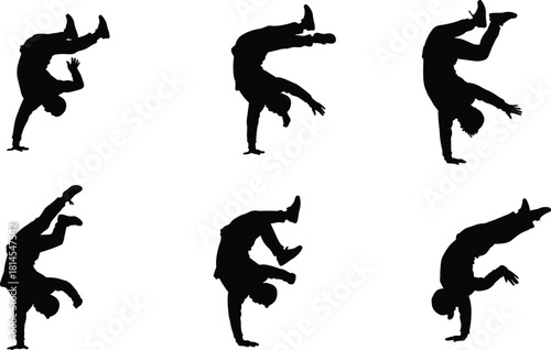 Breakdancer performing dynamic one-handed handstand moves, energetic street dance silhouette set showcasing acrobatic balance, urban freestyle motion and athletic movement