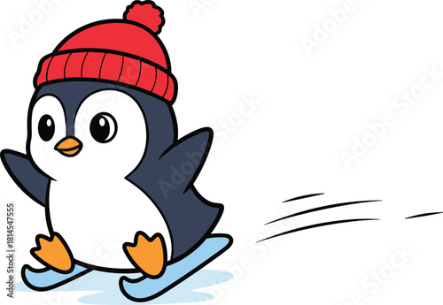 Cute cartoon penguin skiing on snow wearing red winter hat in fun vector illustration, perfect for kids’ designs and holiday themes