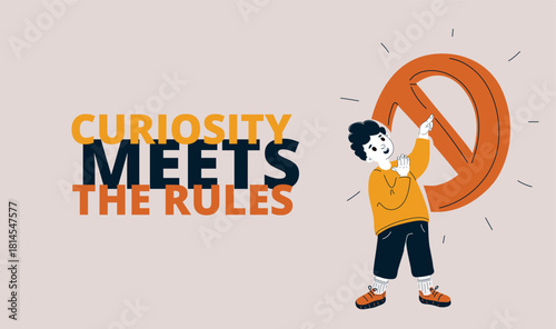 Cartoon vector illustration of a little boy pressing a “prohibited” sign symbolizing curiosity, mischief, or testing limits
