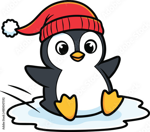 Cute cartoon penguin sliding on ice wearing red winter hat in fun vector illustration, perfect for kids’ designs and holiday themes