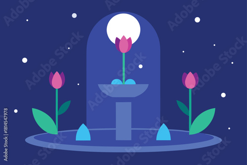 Enchanted night garden with moonlit tulip fountain. Vector