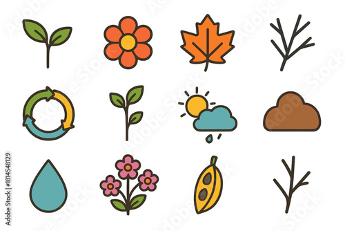 Seasonal Botanical Icons. Seasonal Botanical Rhythms Elements Set flat icon set: spring sprout, summer bloom, autumn leaf, winter branch, seasonal cycle ring, budding stem