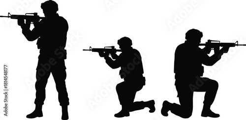 Silhouette of three armed soldiers in standing and kneeling shooting positions, military tactical training poses with rifles in combat readiness