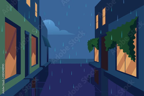 Rainy city street at night with illuminated windows Vector