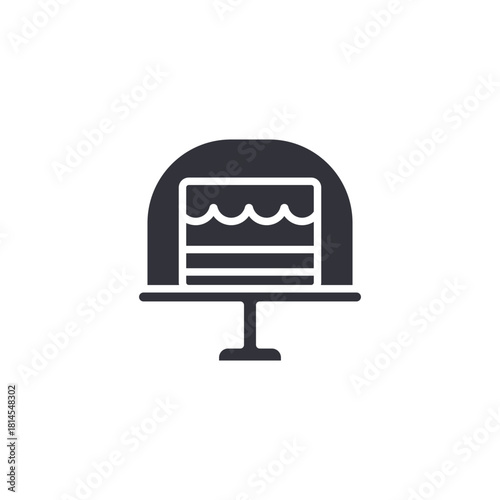 A black icon of a layered cake slice on a stand, enclosed within a dome-shaped serving or display case.