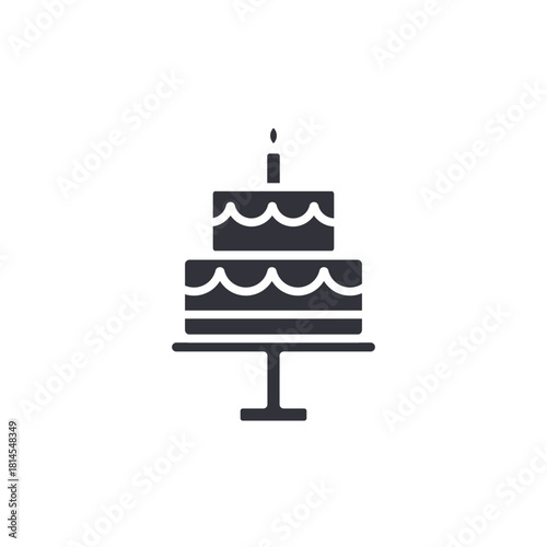 A black, stylized two-tiered birthday cake icon with frosting and a lit candle.