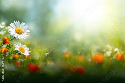 Fototapeta Naklejka Na Ścianę i Meble -  Real daisy flowers, blossoms, growing in meadow grass on a warm sunny spring summer day with a bright orange and yellow sunlit sky background
