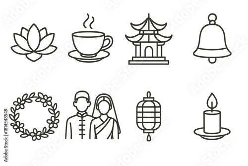 Oriental Wedding Icons. Oriental wedding theme linear icon set: lotus, tea cup, temple, bell, flower wreath, wedding couple, lantern, candle , delicate thin lines, festive feeling