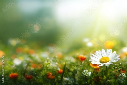 Fototapeta Naklejka Na Ścianę i Meble -  Real daisy flowers, blossoms, growing in meadow grass on a warm sunny spring summer day with a bright orange and yellow sunlit sky background
