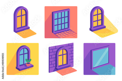 Vibrant Window Icons. Architectural Window Glow flat icon set: arched window, grid shadow, morning light, sill plant, wall texture, glass pane