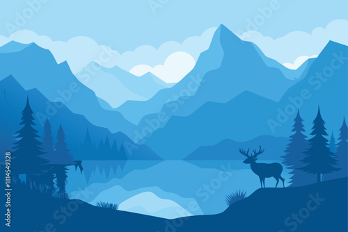 Flat design blue mountain lake with pine trees and deer Vector