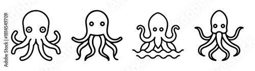 Collection of line art octopus icons, marine life symbol set