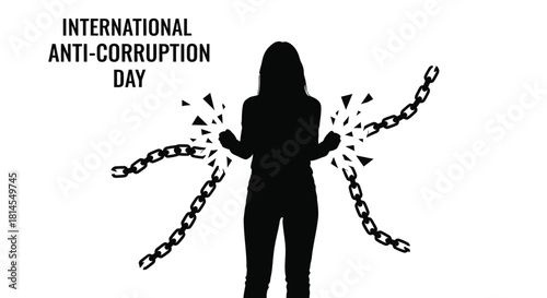 A black silhouette of a woman breaking free from chains symbolizing liberation and strength