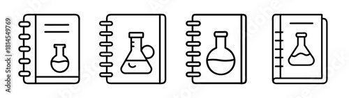 Chemistry lab notebook and flask vector line icons collection
