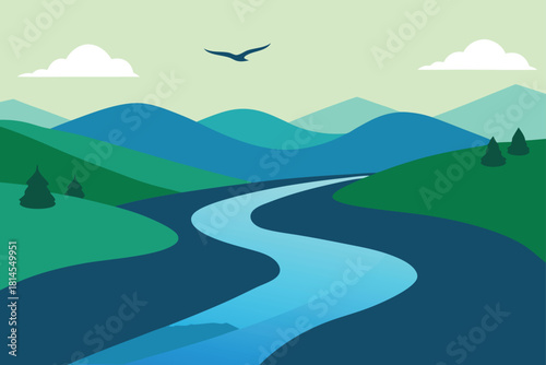 Flat design river flowing through mountain landscape Vector
