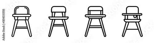 Baby high chair outline vector set for child feeding and care
