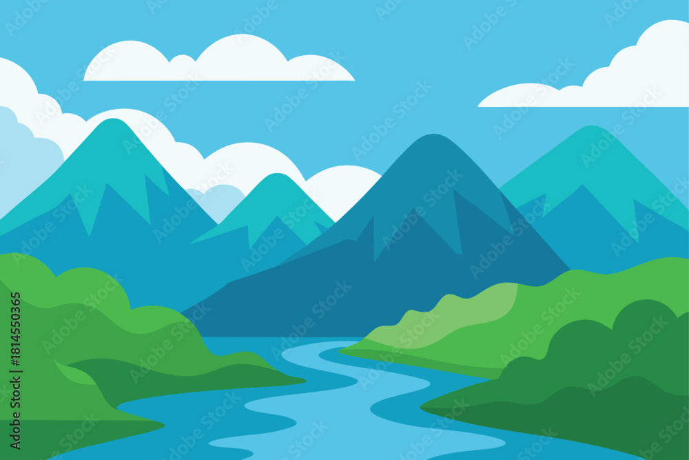 Naklejka premium Flat design mountain river landscape with green hills. Vector