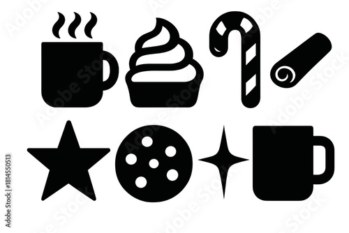 Festive Drink Icons. Holiday sip silhouette icon set : steaming drink, whipped cream, candy cane, cinnamon stick, star, cookie, sparkle, mug