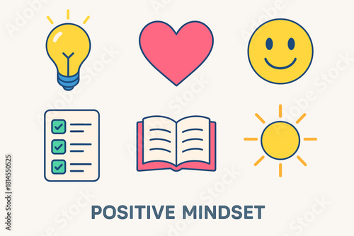 Positive Mindset Icons. Positive Mindset flat icon set: light bulb, heart symbol, smiley face, checklist, open book, sunbeam