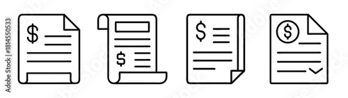 Billing and financial document line icons for payment and expenses