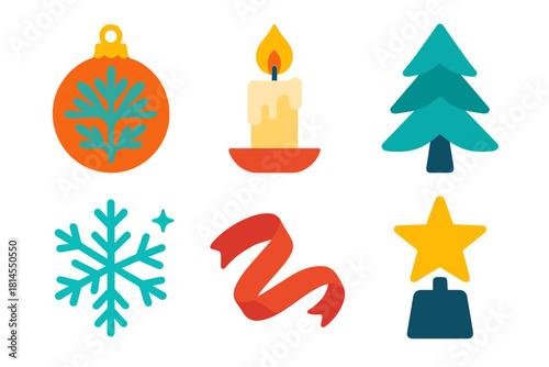 Winter Icons Collection. Winter Grace flat icon set : frosted ornament, candle flame, pine tree, snowflake sparkle, ribbon curl, star topper
