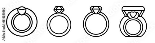 Simple line art icons of wedding engagement diamond rings set