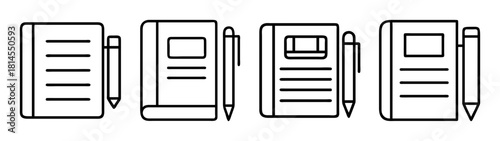 Notebook and pen icon set for writing, planning, and study.