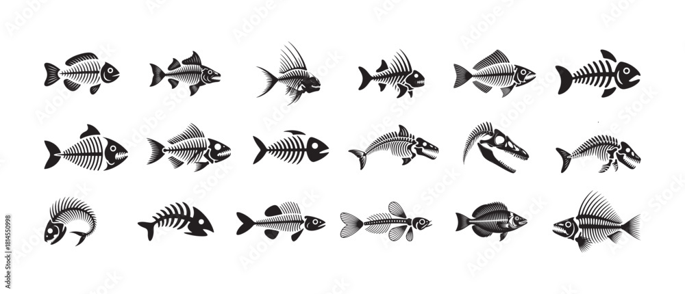 Naklejka premium Fish skeletons vector set, fish bones collection flat design marine icon pack black isolated on white background