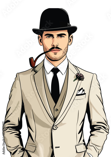051-20-Stylish gentleman in a suit with a pipe and bowler hat on a white background