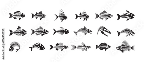 Fish skeletons vector set, fish bones collection flat design marine icon pack black isolated on white background