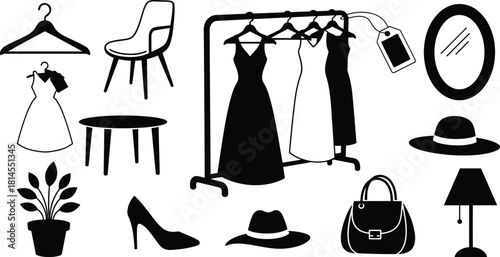 Hand drawn fashion and interior design elements black and white