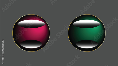 Two glossy spheres with gold rims on gray background