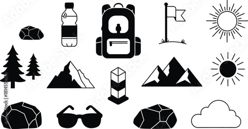 Outdoor adventure icons set black and white camping elements