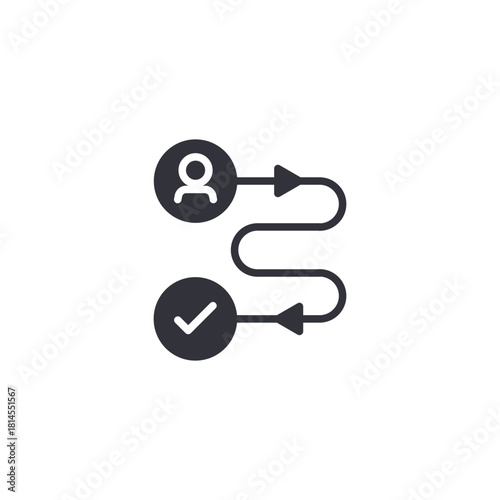An icon showing user profiles connected by a path and checklist, symbolizing recruitment workflow, candidate selection, structured hiring processes, and effective human resource evaluation.