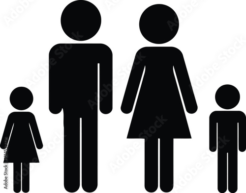 Black Pictogram Family Mother, Father, Daughter, and Son on White Background Symbolizing Family Unit