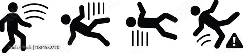 Black Pictograms Illustrating a Person Walking, Slipping and Falling Down with Warning Signs on White Background