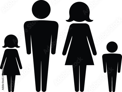 Black Silhouette Depiction Father, Mother, Daughter, and Son Symbolic Family Portrait Isolated
