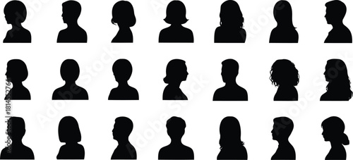 Black Silhouettes of Diverse People's Heads and Shoulders Displayed on a White Background for Projects