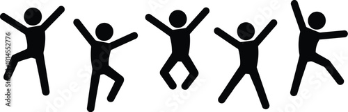 Black Stick Figures Jumping and Celebrating, Isolated on White Background, Symbolizing Joy and Freedom