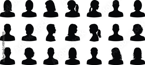 Diverse Collection of Head and Shoulder Silhouettes Men and Women Portraits in Black Color