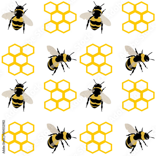 Modular bee & honeycomb elements. Mix-and-match geometric hexagons with stylized bees. Versatile components for custom pattern creation & DIY design projects.
