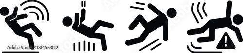 Pictogram Set Showcasing Different Types of Fall Accidents and Warning Symbol on White