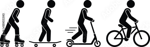 Pictogram Set Showcasing Various Active Transportation Methods Roller Skating, Skateboarding, Scooter Riding, and Biking
