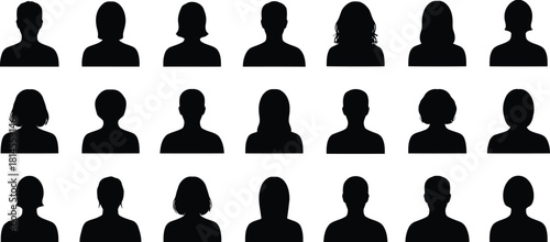 Rows of Silhouette Portraits Showing Various Hairstyles and Head Shapes on a White Background