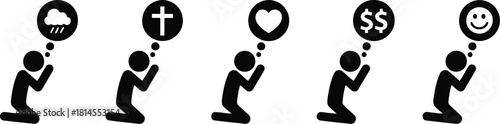 Pictogram People Praying with Thought Bubbles Rain, Religion, Love, Money, and Happiness Concept