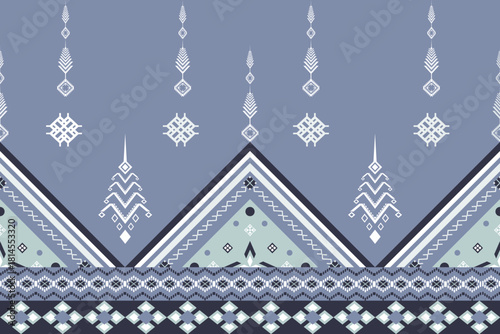 Elegant tribal textile design featuring intricate geometric motifs in muted blue-grey tones. Traditional ethnic patterns with diamond shapes, chevrons and decorative borders.