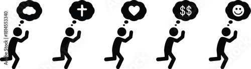 Stick Figures Thinking of Cloud, Cross, Heart, Money, and Smiley in Thought Bubbles