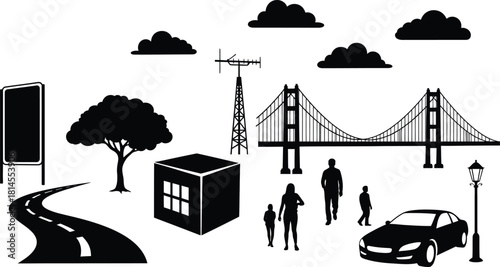 Cityscape silhouette with bridge people car and construction elements