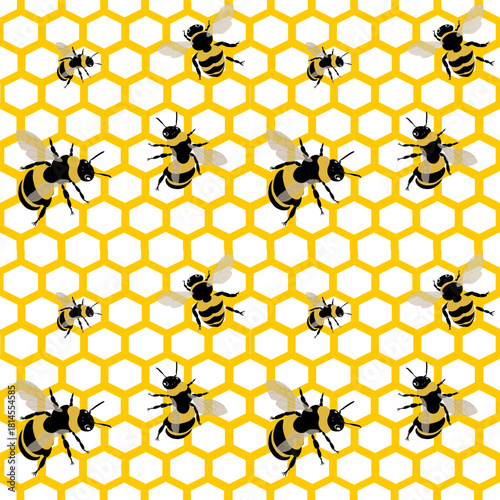 Geometric honeycomb pattern with stylized bees. Golden hexagonal grid meets whimsical black and yellow bee motifs. Perfect for textiles, packaging and decor.