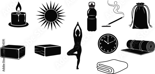 Yoga and meditation elements black and white vector illustration
